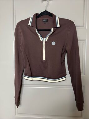Waydamin Brown Zip-Front Long Sleeve Polo Top